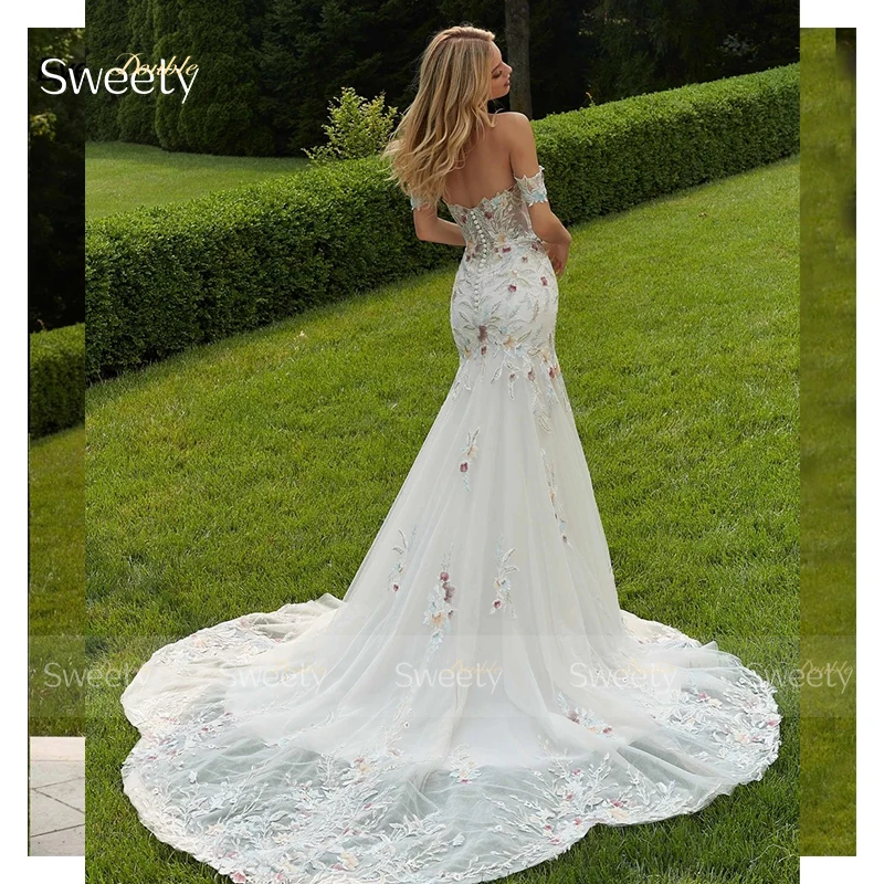 Gaun Pengantin Menawan Organza dengan Gaun Pesta Putri Duyung Bordir Tanpa Lengan Leher Perahu Gaun Pengantin Kustom Jubah Kancing De Mariee