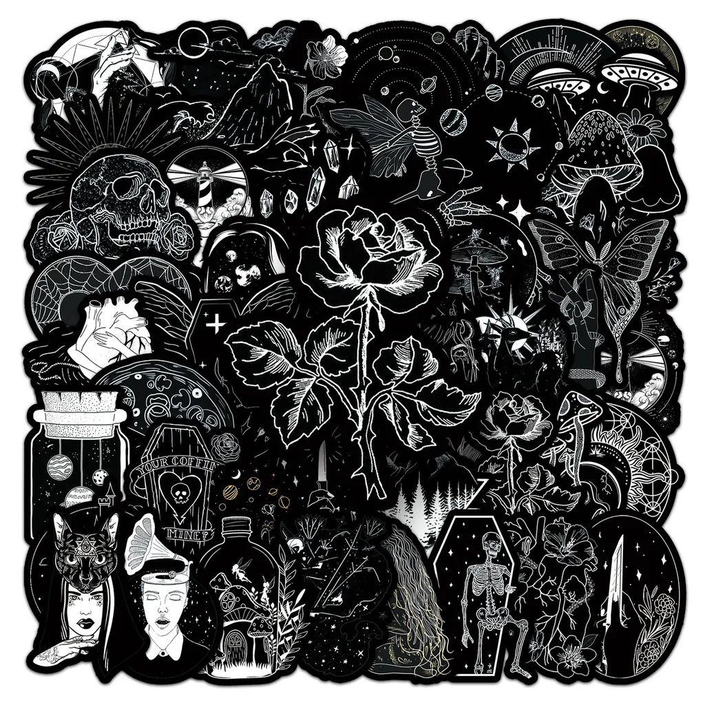 50PCS Black and White Dreamlike Abstract Art Graffiti Stickers for Bicycle Hand Account Pencil Case Decals