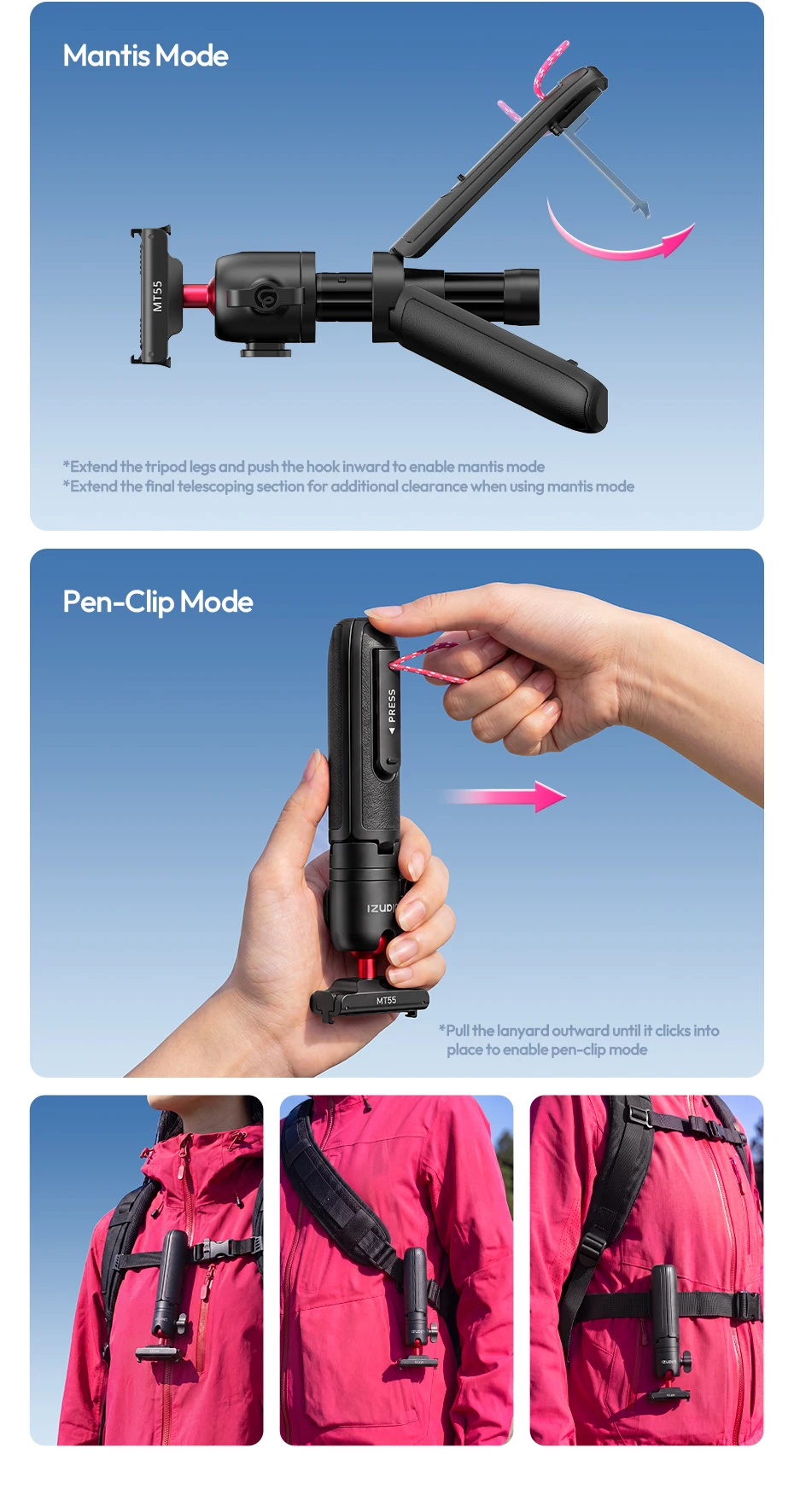Ulanzi MT55 SnapGo Mini Selfie-Stick Stativ Overhead Mantis Rucksackhalterung für DJI Action6/Nano für Insta360 Go Ultra für Reisen – Detail 6
