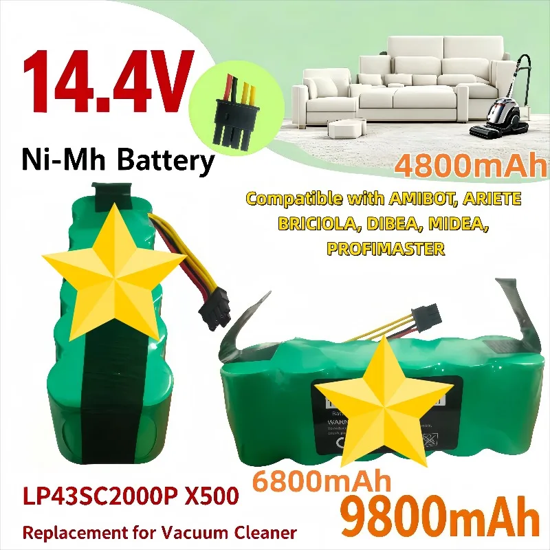 Ni‑Mh Battery 14.4V 4.8Ah 6.8Ah 9.8Ah For AMIBOT ARIETE BRICIOLA DIBEA MIDEA LP43SC2000P Robot Vacuum Cleaner