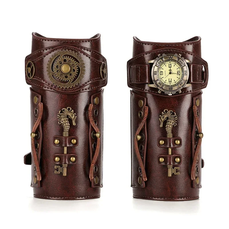 Steampunk Wrist Guard Retro Mechanical Gear Medieval Watch Leather Wrister Armor Archer Prop Costume Cosplay Anime Accessory Men