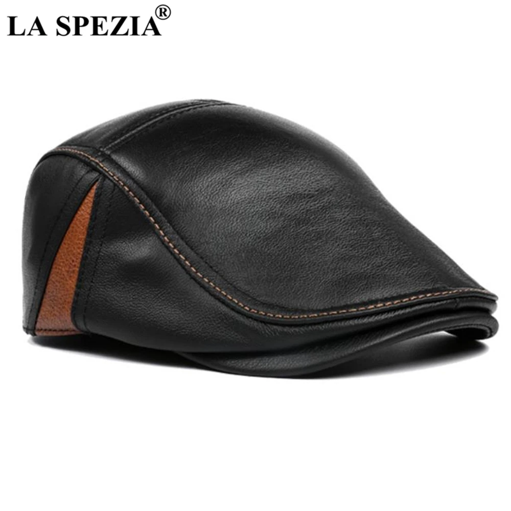 LA SPEZIA Flat Cap for Men Autumn Winter Real Leather Male Beret Patchwork High Quality Black Brown British Style Men\'s Ivy Cap