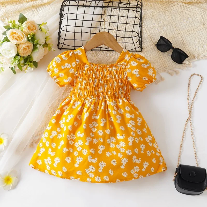 2024 Summer Children Fashion Print Dress Girls Korean Version Style Short Sleeves Small Daisy Dress 0-2Years Baby Princess Dress