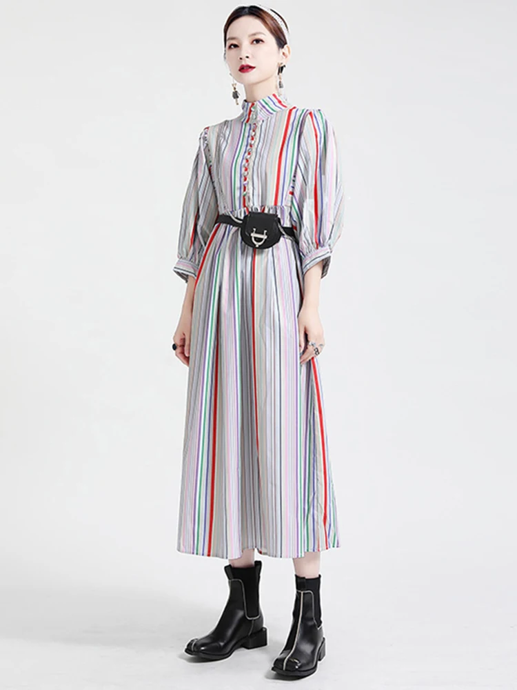 [EAM] Women Striped Spliced Long Shirt Dress New Stand Collar Three-quarter Sleeve Loose Fit Fashion Spring Autumn 2024 1DE0219