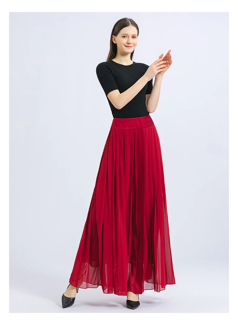 

Silk Georgette Red Woman Skirts Middle Waist Pleated Age-reducing Double-layer Elegant Fairy Skirt Faldas юбка женская CE157