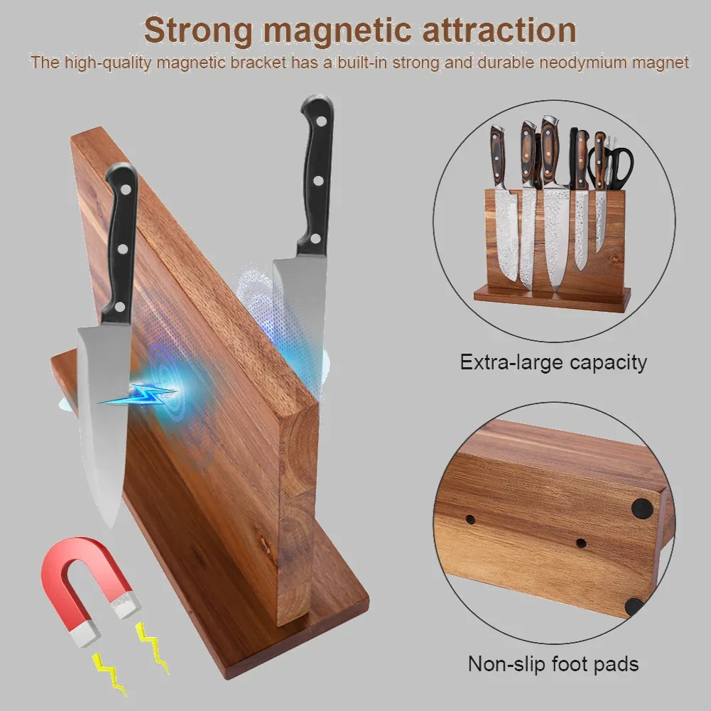 

Magnetic Wooden Knife Block Double-Sided Universal Knife Stand Kitchen Display Holder Sink Knife Storage Organizer Rack Counter