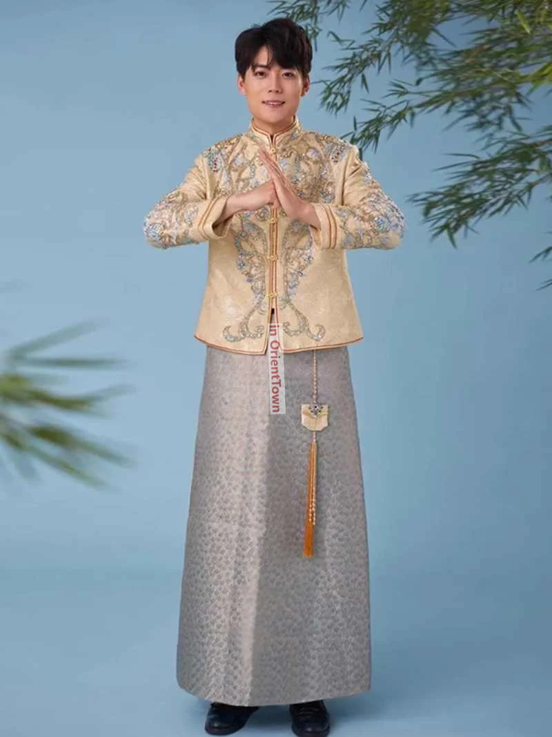 العريس الشمبانيا اللون Xiuhe الملابس تظهر الرجال الذهب زي الصينية العريس الزفاف التطريز معطف + تانغ نمط ثوب رداء #3