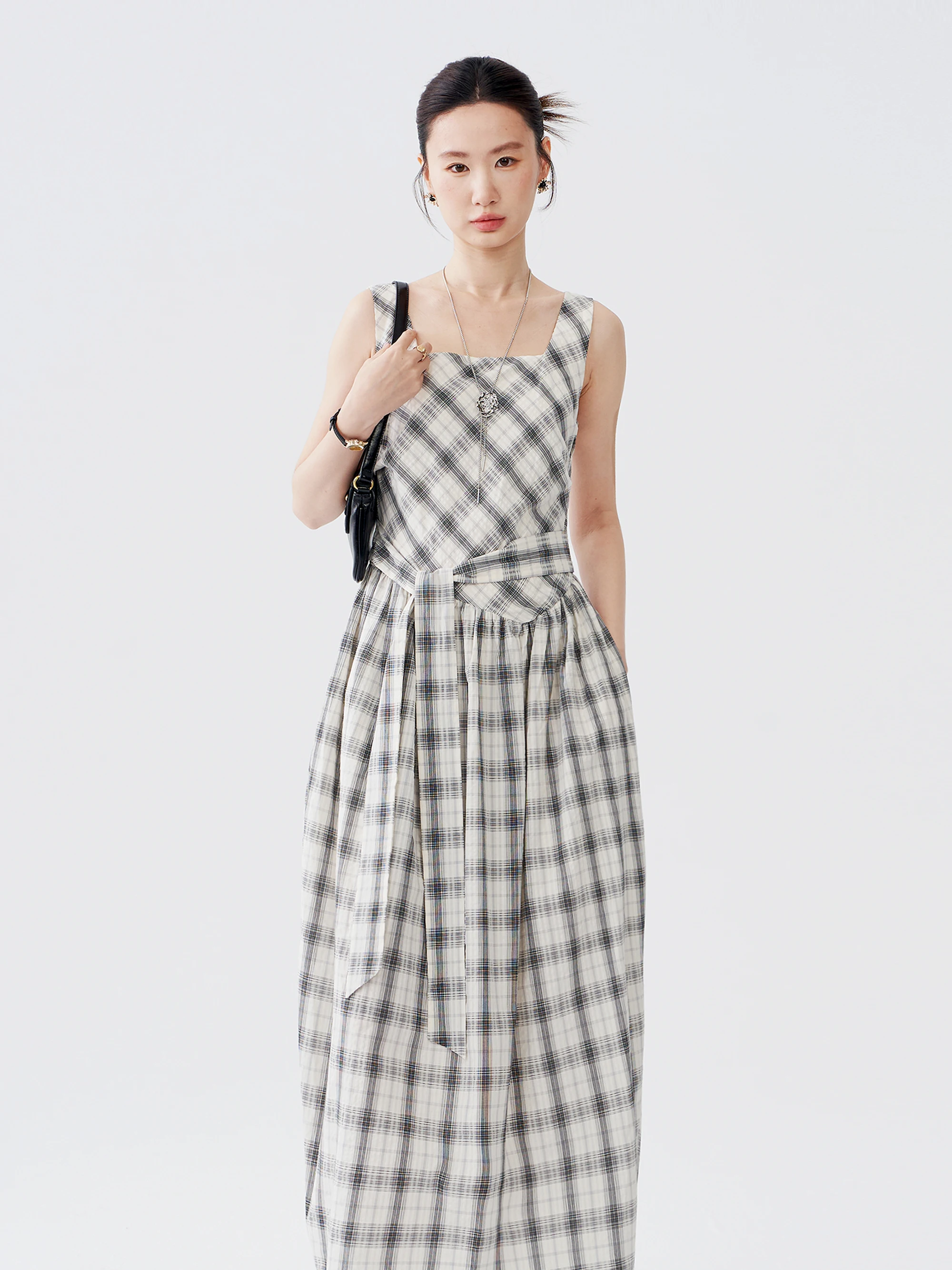 Retro Plaid Strapless Summer Dress Women's Design Sense Waist Cinched Loose Casual Sleeveless Vest Long Dress
