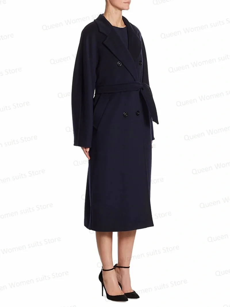 Sobretudo de caxemira preto feminino com cinto, casaco grosso longo, casaco quente feito sob encomenda, trespassado formal, trench coat vestido de baile, mulheres