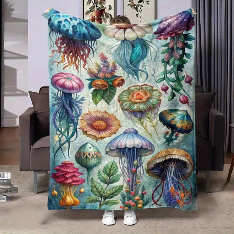 pc Whimsical Jellyfish  Mushroom Print Flannel Blanket  Soft Warm AllSeason Throw with Vibrant Underwater Design Perfect for Coz