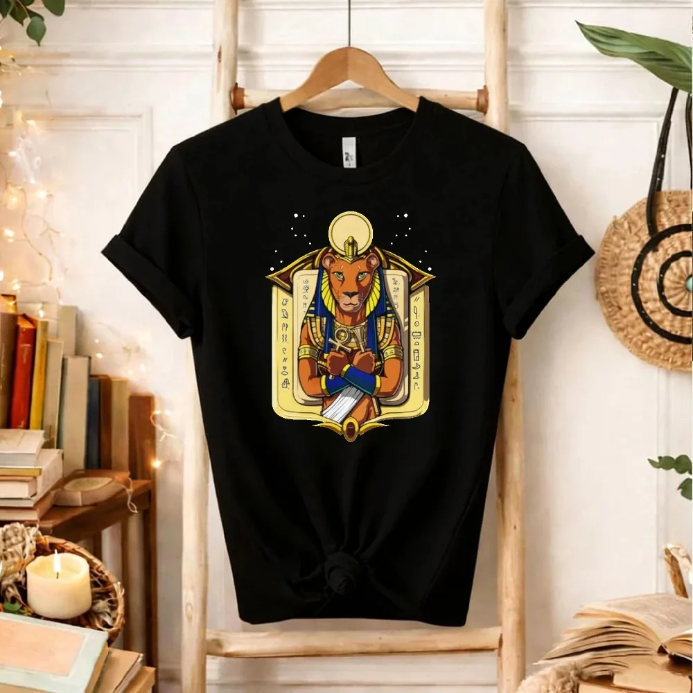 Ancient Egyptian Sekhmet Lion Head Goddess Wall Painting Graphic Short Sleeve T-Shirt Vintage Egypt Mythology Cotton Tops