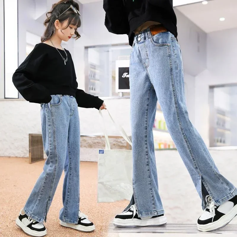 4 6 8 10 12 Years Teenager Girls Denim Pants New Fashion Split Jeans For Girl Bell-bottoms Children Trousers Spring Kids Clothes