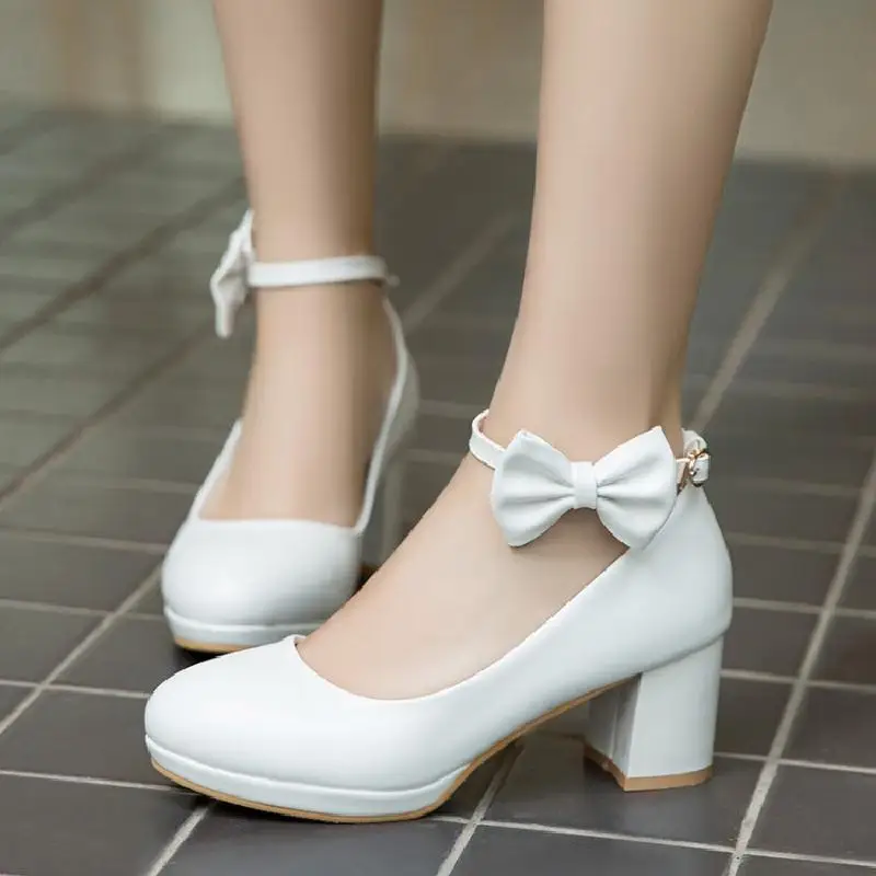 Children Girls High Heel Shoes Women Platform Pumps Fashion Bow Thick Heel Shallow Female High Heels For Party Wedding 30-43