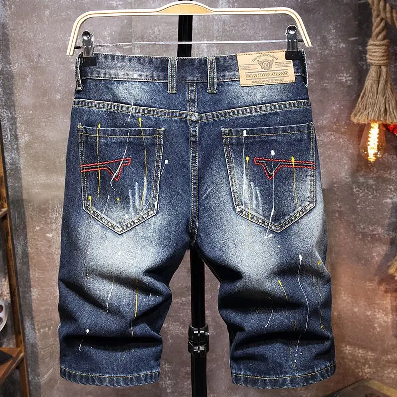 Men's Graffiti Ripped Short Jeans 2025 Summer New Fashion Casual Slim Big Hole Retro Style Denim Shorts Male Brand Clothes