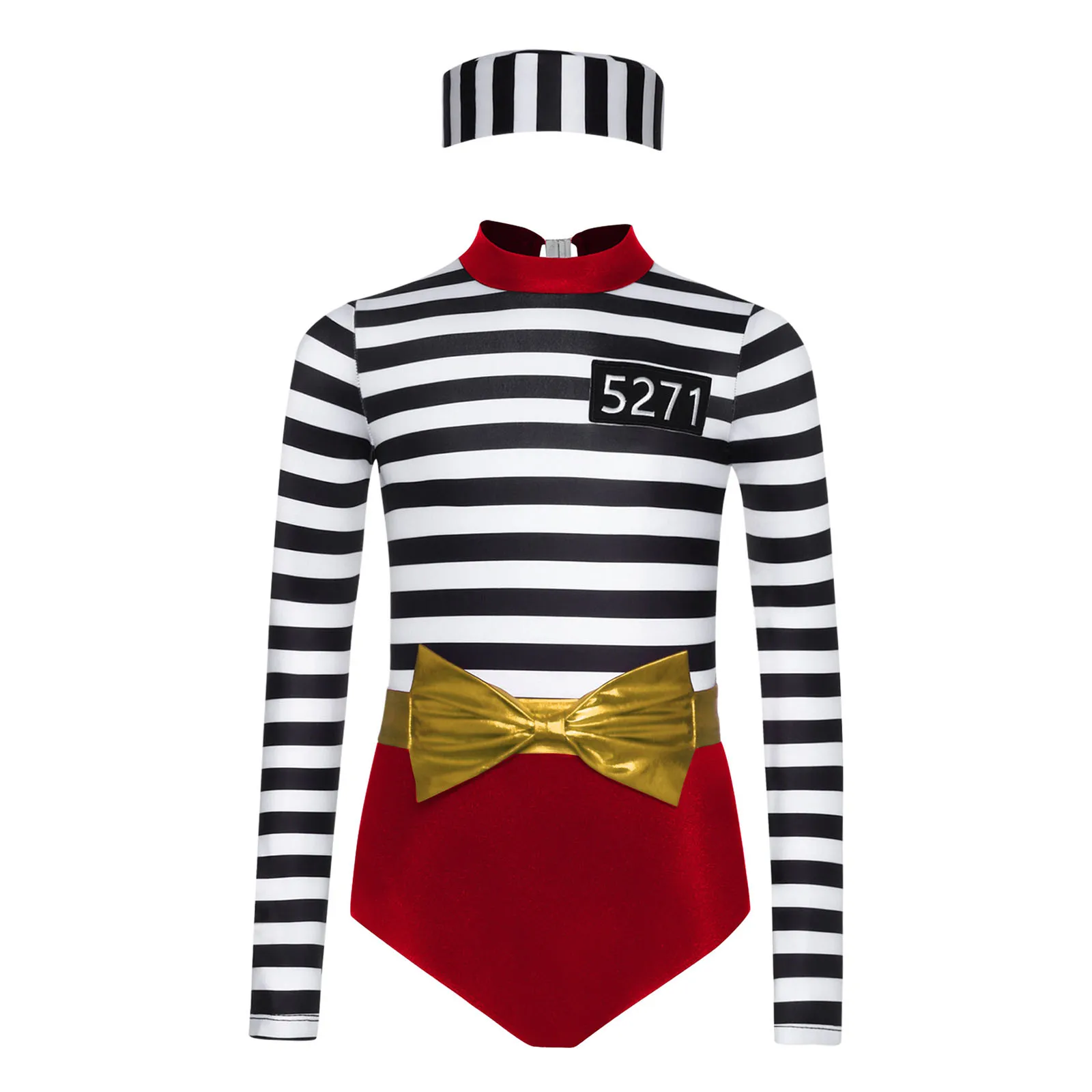 

Halloween Carnival Jail Prisoner Role Play Costume Set Jumpsuit with Matched Bow Waist Belt And Convict Cap 3 Pieces