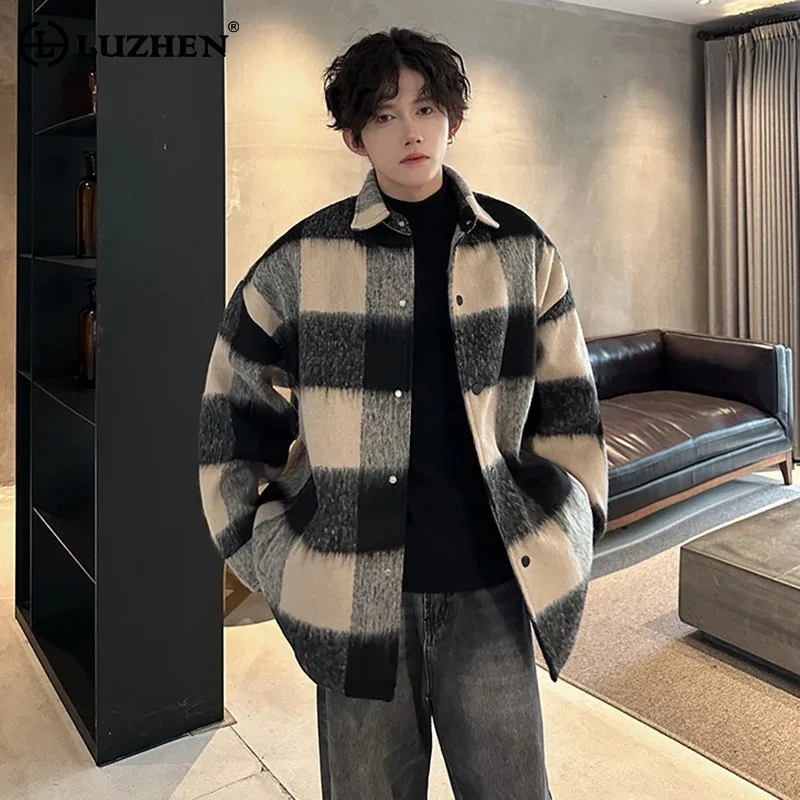 

LUZHEN 2025 Winter New Color Contrast Plaid Printed Thickened Warm Woolen Jacket Men's Trendy High Quality Padded Clothes JY5227