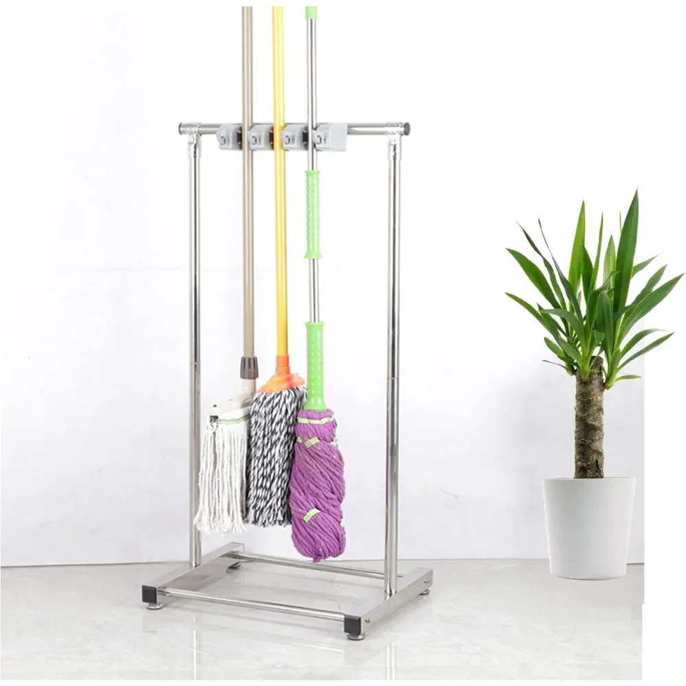 

Floor Standing Mop and Cleaning Tool Organizer with Storage for Brooms, Umbrellas, and Supplies