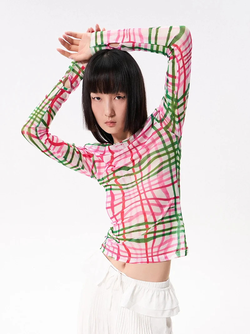 CHEERART Designer Drawing Plaid Long Sleeve Mesh Top Woman T Shirts Pink See Through Tees Cute Tops Fall 2026 Fashion