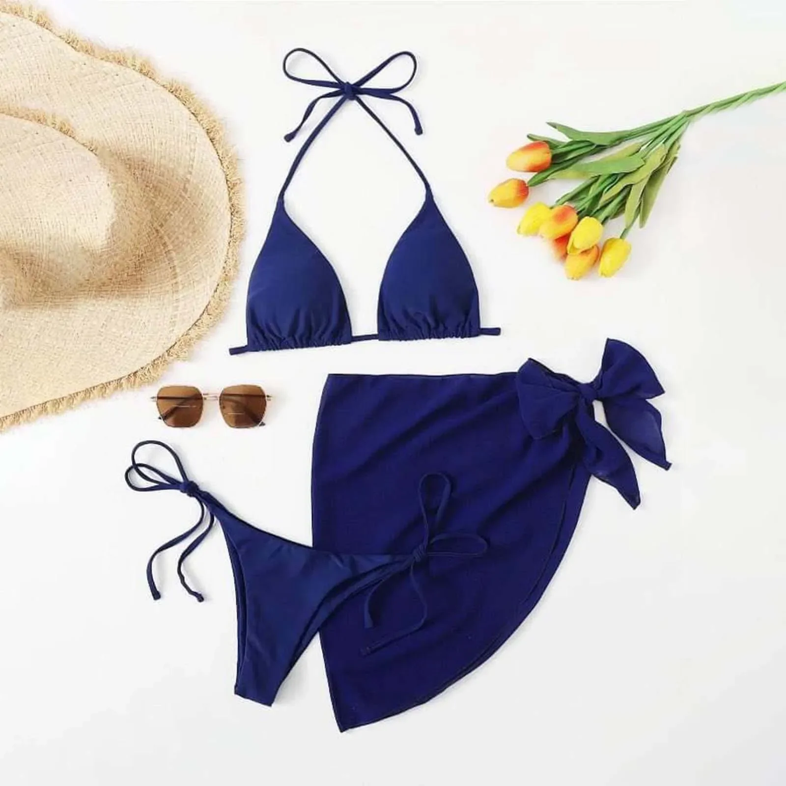 Sexy três peças conjunto de biquíni feminino verão biquíni com saia sarong cor sólida triângulo copo amarrar feminino maiô