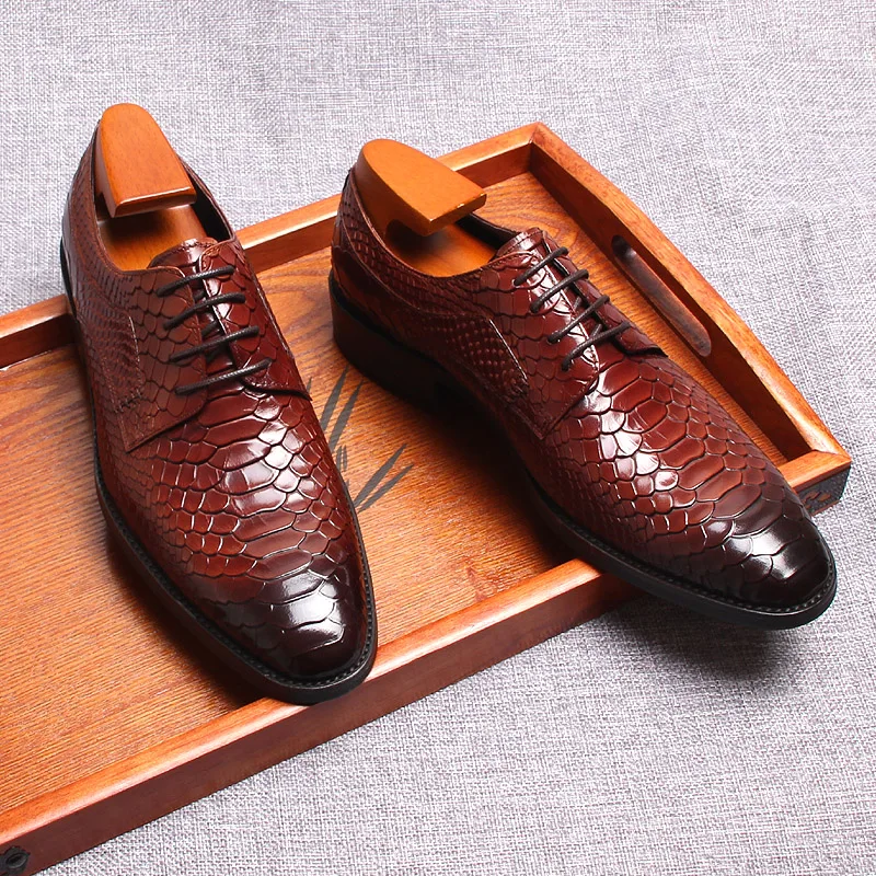 Burgundy Black Mens oxford Shoes Snake Pattern Genuine Calf Leather Luxury Brand Lace Up Business Office Brogue Dress Shoes Men