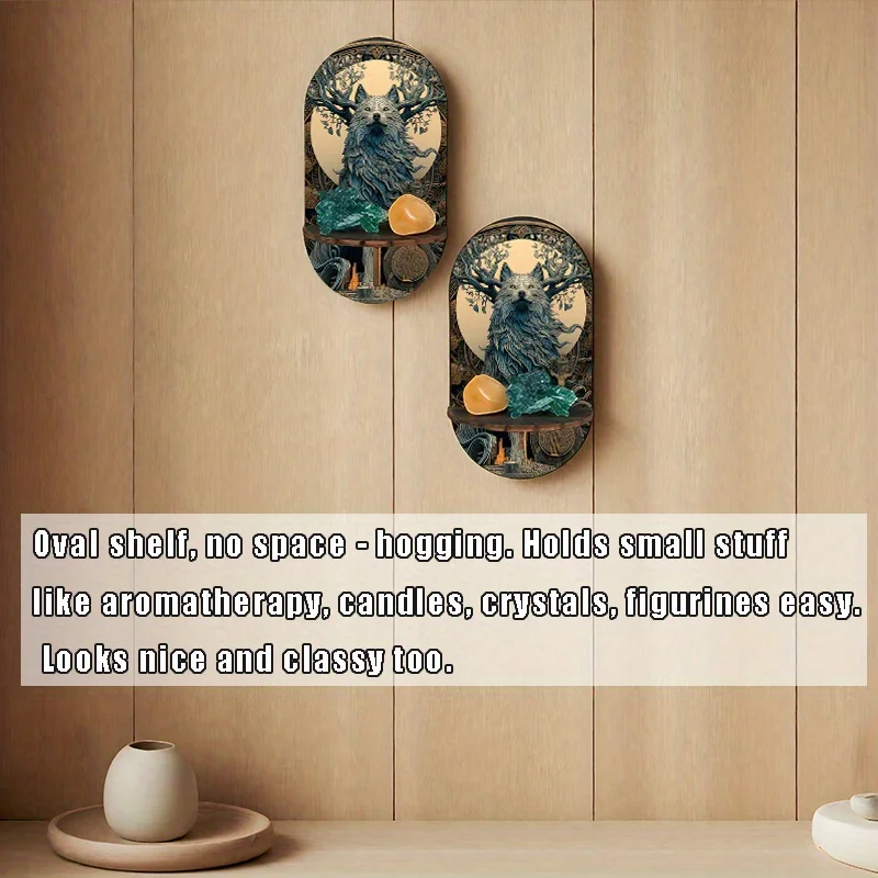 A Decorative Wooden Rack Featuring a 2D Printed Wolf Design, Serving As a Candle Holder, Key Holder, And Multi-Functional