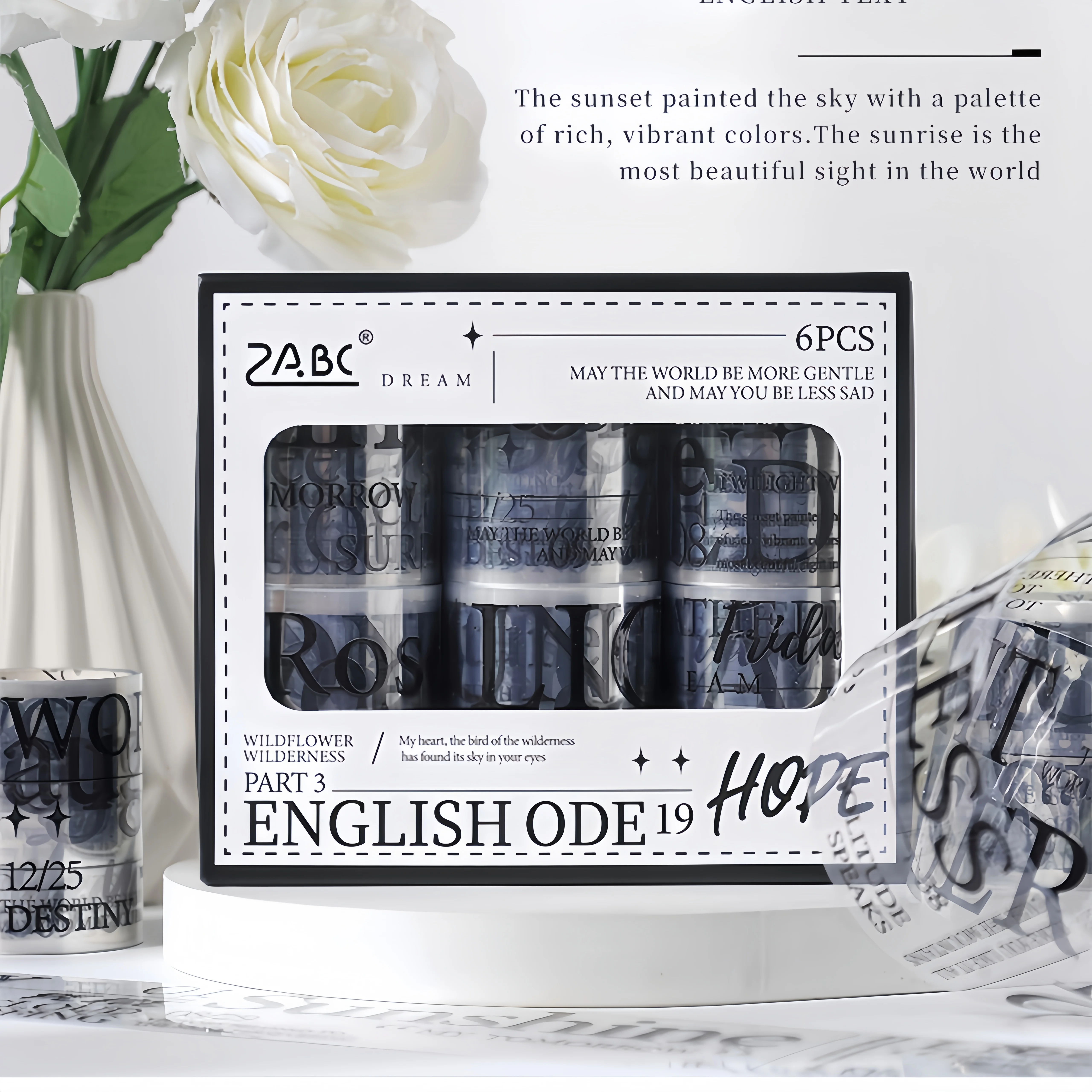 1 box contains 6 rolls of 5cm×200cm English text-themed PET tape, suitable for journaling. 6 rolls of 6×200CM tape are used for planning cards, journaling, DIY crafts, scrapbooking, collage, and decoration of notebooks and text