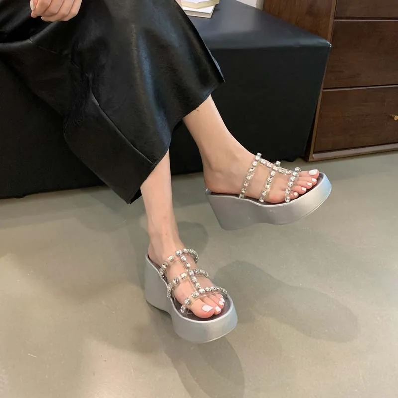 

Silver Slippers Women Platform Wedges Sandals Rhinestone Summer High Heels Chunky Slippers Black Beach Shoes Sandalias Mujer