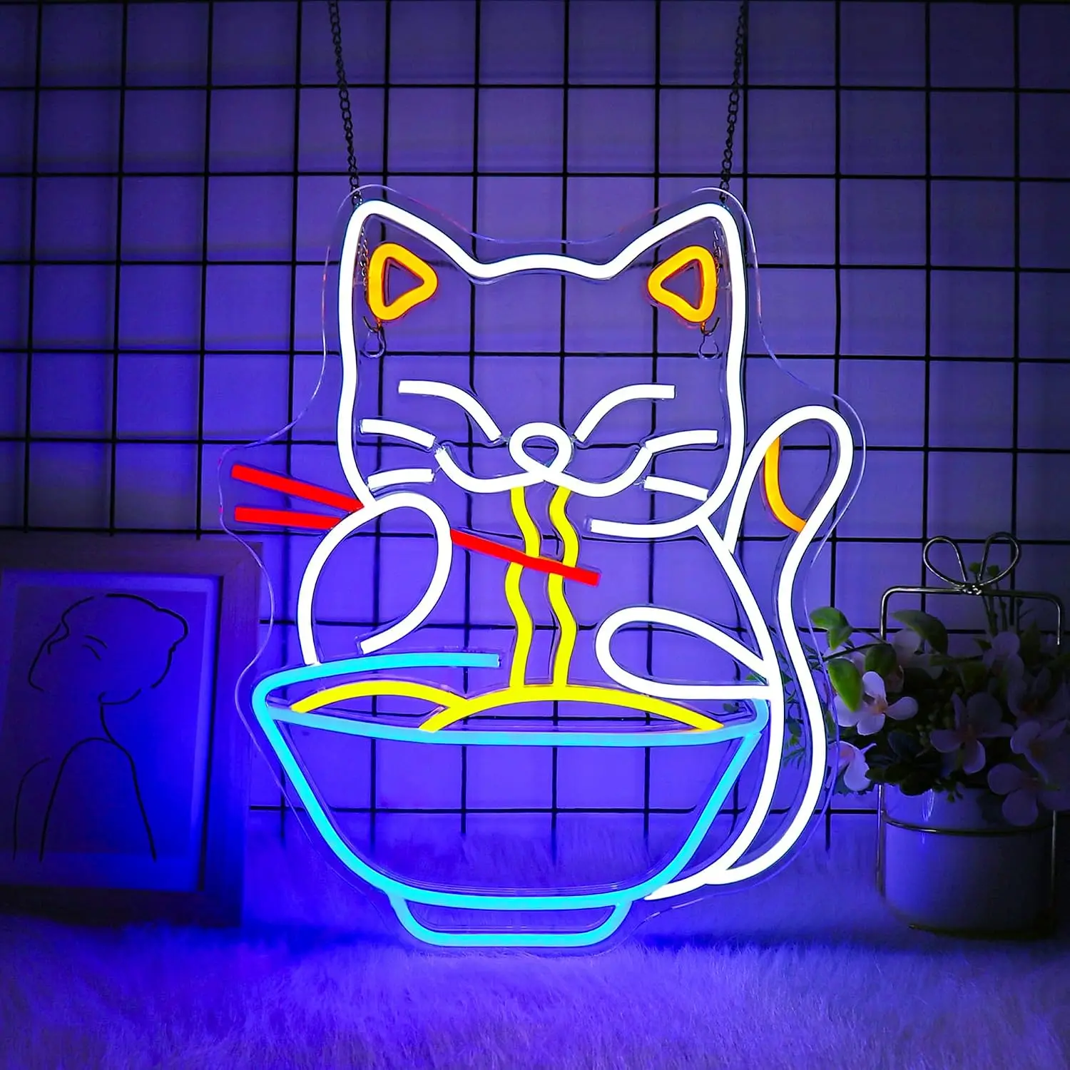 LED Neon Sign Cartoon Cat Eating Ramen Noodles USB Powered Neon Light, Business Restaurant Shop Home Window Bar Party Decor Gift