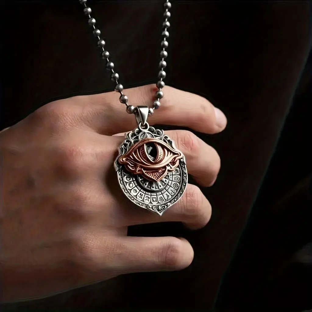 Rotatable Tarot Wheel All Seeing Eye Pendant Necklace for Men Vintage Two-tone Mystic Zodiac Amulet Necklace Keychain Jewelry