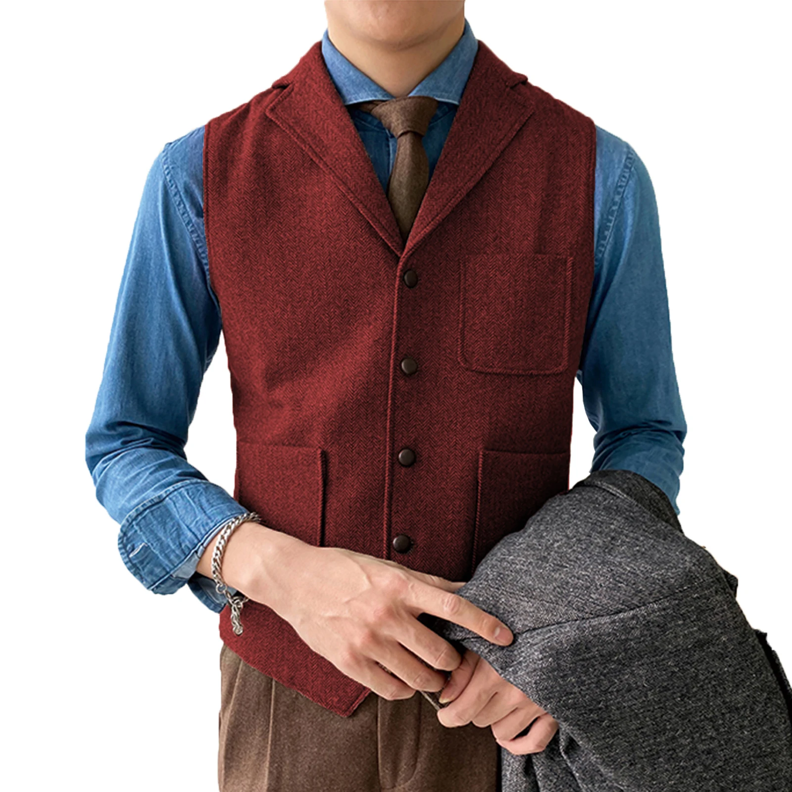 V Neck Men\'s Suit Vest Herringbone Tweed Waistcoat Notch Lapel With 3 Pockets Business Formal Waistcoat  Groomsmen For Wedding