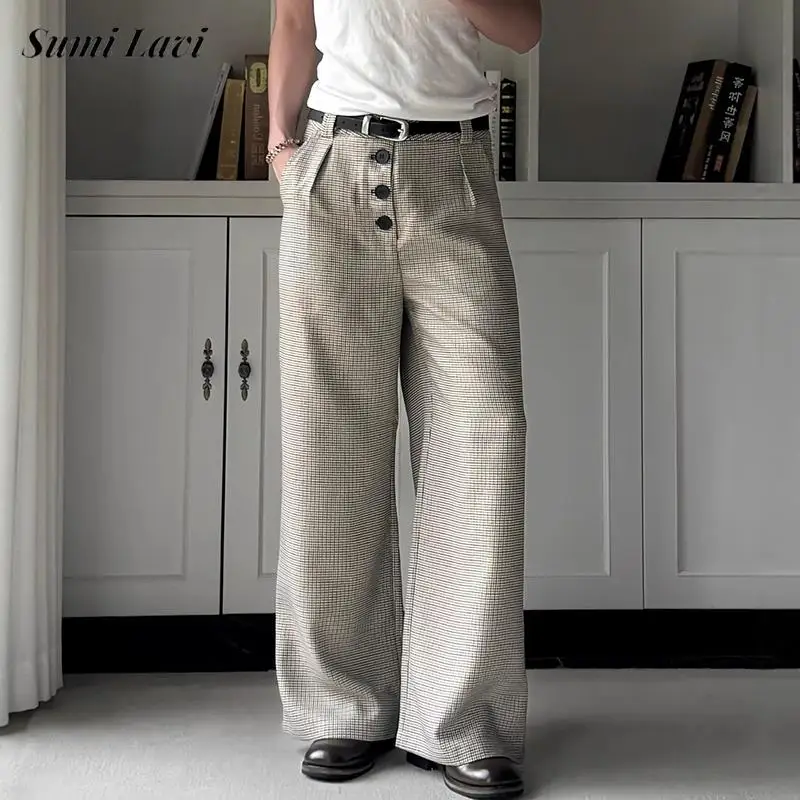 

Streetwear Vintage Plaid High Waist Trousers Men Spring Fall Stylish Button-up Loose Straight Trousers Fashion Mens Suit Pants