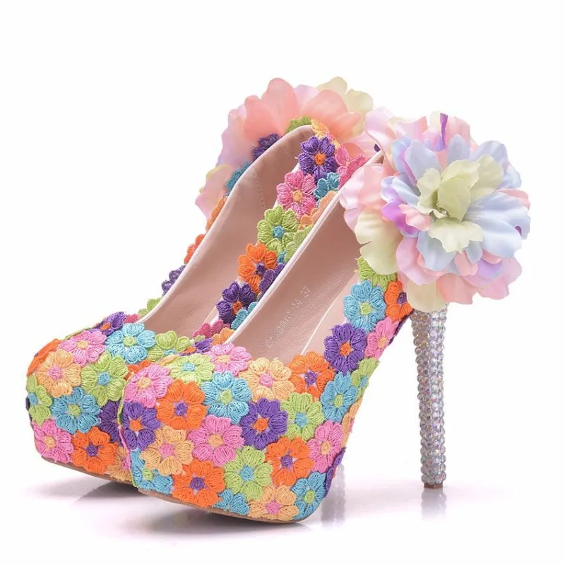 Pumps Women Office Round Toe Flower Slip-On PU 14CM Thin Heels Dress Sandals Japanese Style Party Shoes Woman Seven Colors