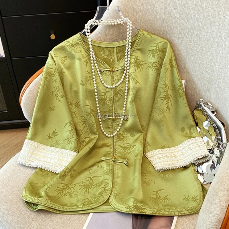 

2025 retro new chinese style jacquard embroidery tang suit blouse elegant coat women half sleeve choengsam button loose top t001