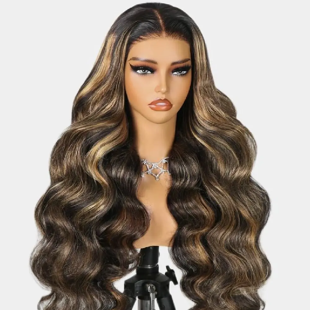 

P4/27 Highlight Ombre Brown Body Wave 13x4 Парик из натуральных волос Медовый блондин Цвет 5x5 HD Кружева Предварительно выщипанный 32 34-дюймовый парик