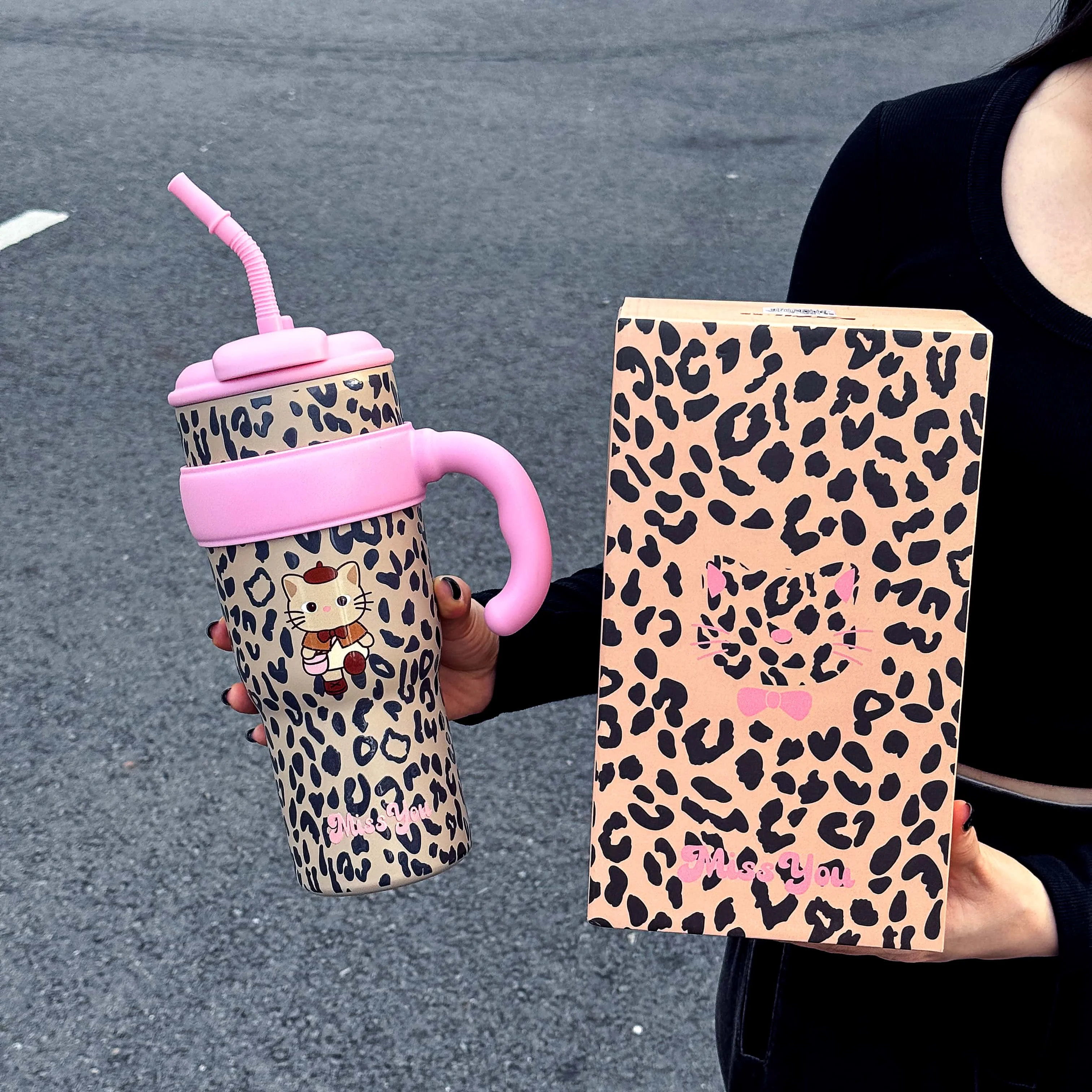 1pc Leopard Print Cat Insulated Tumbler, 1100ml Large-Capacity Stainless Steel Car Vacuum Cooler Cup, with Tea Strainer, Handle