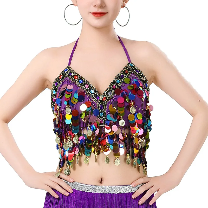 

Пучок с блестками, красочный бюстгальтер для танца живота, обернутый грудью, висячие монеты, выступление на сцене, красочный топ с бриллиантами и блестками