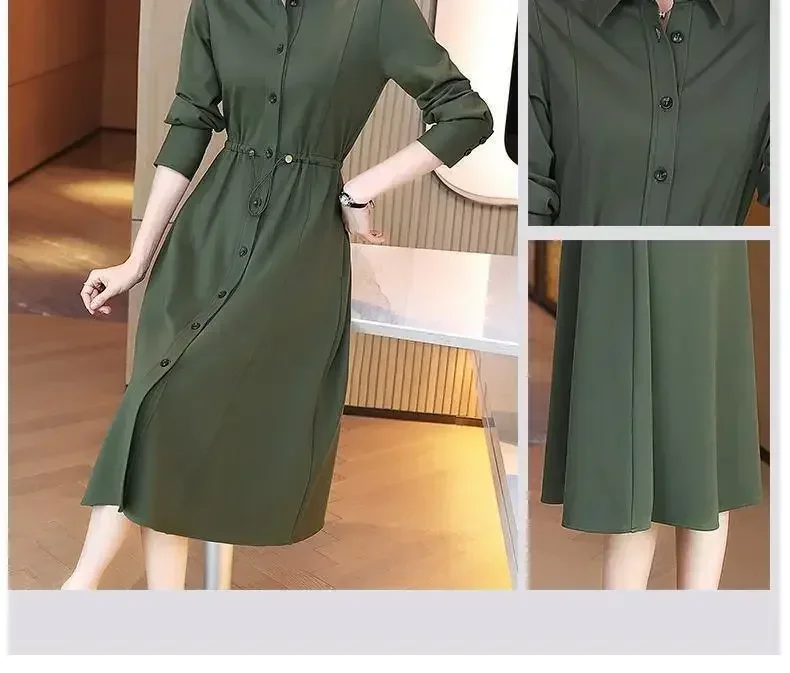 Wiosna jesień Polo-neck eleganckie modne guziki koszula sukienka damska z długim rękawem ściągany sznurkiem w talii Vestidos kobiety solidna codzienna szata