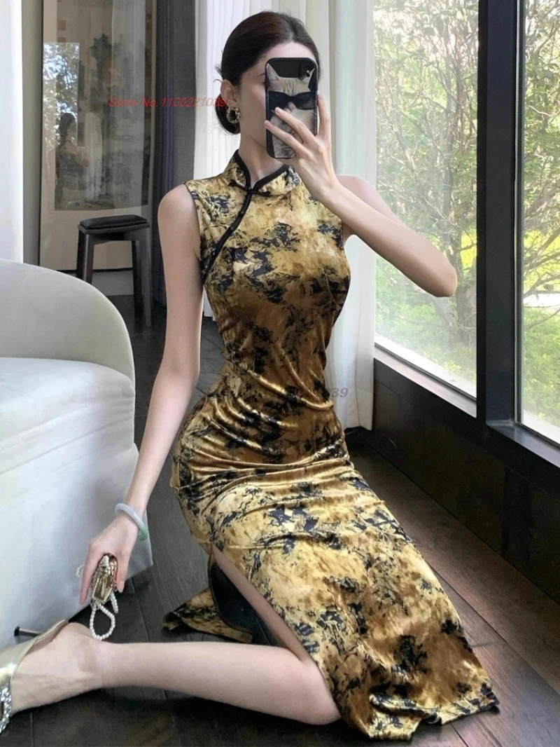 فستان سهرة صيني مثير من تشيباو مطبوع عليه زهور مخملي شيونغسام للحفلات الراقصة ملهى ليلي صيني تقليدي مثير بدون أكمام تشيباو #4