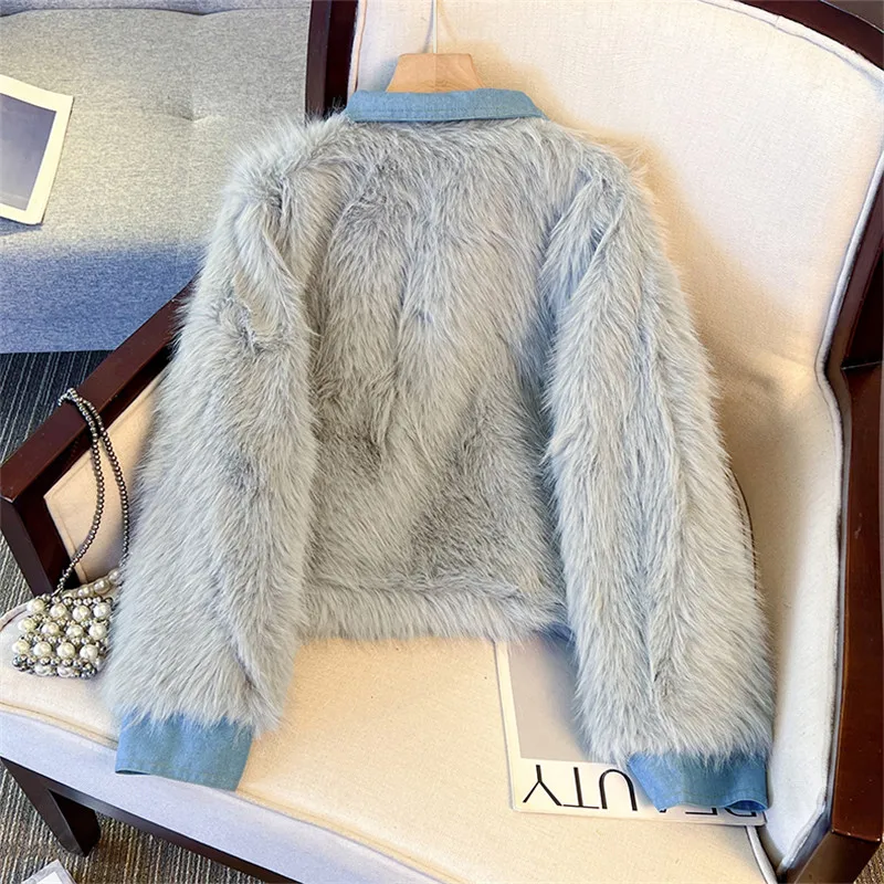 Fashion Cowboy Patchwork Faux Fur Jacket White Gray Cotton-Padded Coat Lapel Single-Breasted Long Sleeve Winter Women Outerwear