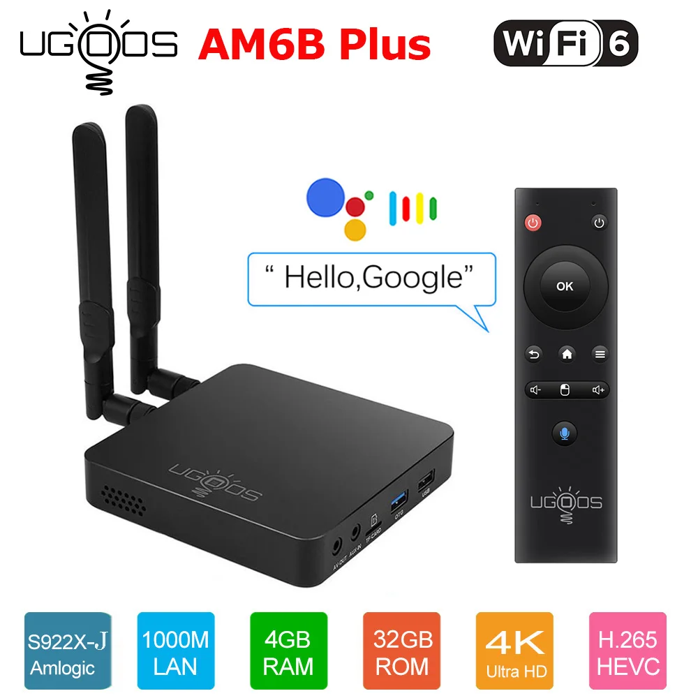 UGOOS-Caixa de TV inteligente Android, Media Player Set Top Box, Amlogic S922X-J, DDR4, 4GB, 32GB, BT 1000M, AM6B Plus, WiFi 6, Android 9.0
