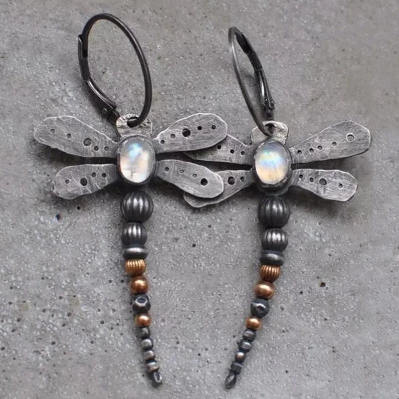 Vintage Dragonfly Earrings for Women Girl Cute Animal Jewelry Flying Insect Inlaid Moonstone Drop Dangle Earring Gift