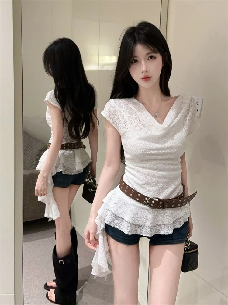 French Stylish High End Lace Top Irregular Ruffle Draped Neck Short Sleeve Women Summer New Waist Cinching Slimming Shirt