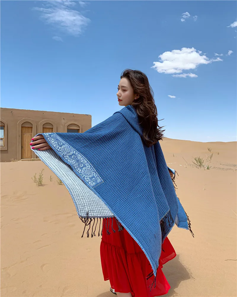 

Spring Autumn Ethnic Style Travel Cape Warm Sunscreen Multi functional Imitation Cashmere Poncho Lady Capes Blue Cloaks