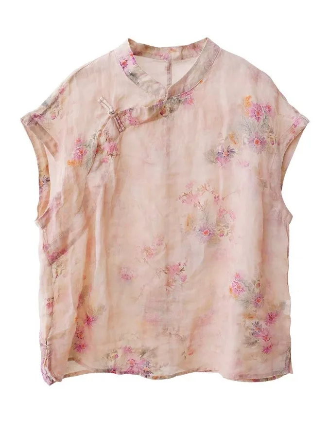 

Retro Chinese Print Cotton Linen Sleeveless Shirt One Button National Style plus Size Women's Summer Fashion Casual Top