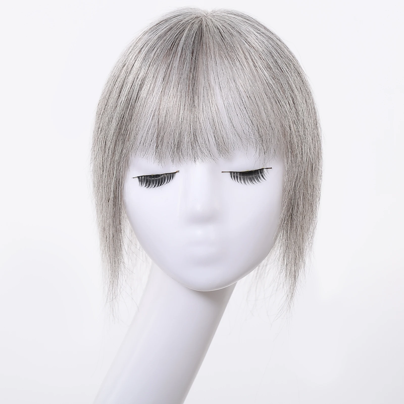 Silver Gray 100% Remy Human Hair Topper 10 Inch Straight French Air Bangs Silk Base Clip in Hairpiece for Women Thin Skin Topper