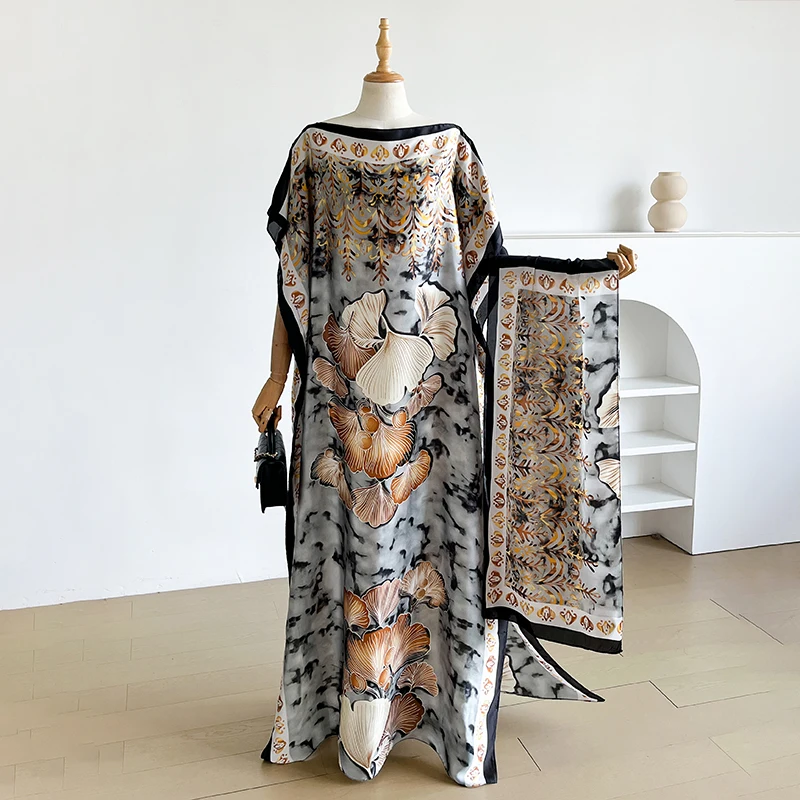 Fashion Summer Kaftan Dress for Women with Big Scarf Loose Abaya Muslim Casual Print Shawl Robe African Style Dubai Turkey