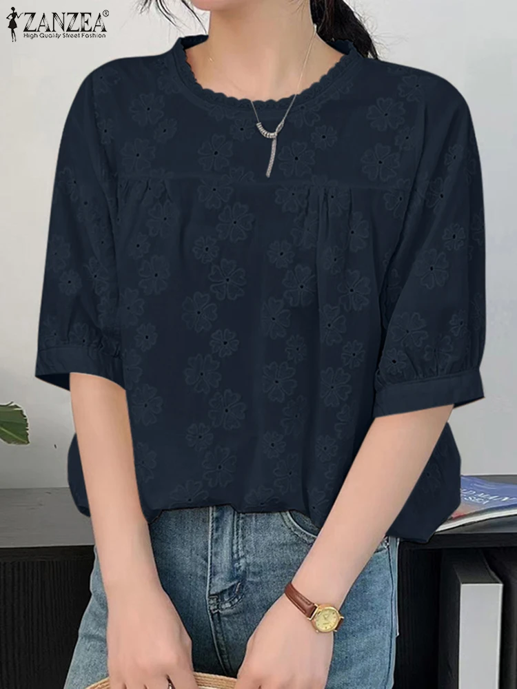 

ZANZEA Women Embroidery Blouse Fashion Tops 2025 Summer Puff Sleeve Casual Loose Shirts Solid Color Office OL Blusas Femininas