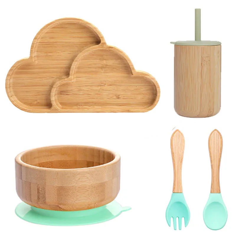 Mordida morde 5 pçs/set utensílios de mesa para crianças prato tigela garfo colher copo sucção alimentação alimentos utensílios de mesa de bambu bpa livre antiderrapante