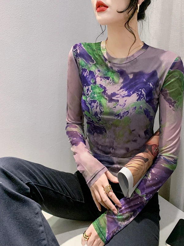 Faionable imprimé Me Base irt rond Ne Long Sve T-irt femme coupe ajustée vêtements intérieurs décontracté Sle sec rapide