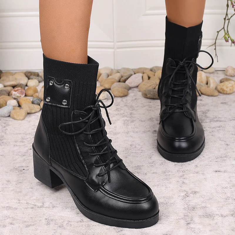 خمر صندل بكعب مكتنز حذاء من الجلد للنساء الخريف الأسود الحياكة أحذية بوت قصيرة امرأة جولة تو الانزلاق على الكعب العالي بوتاس موهير